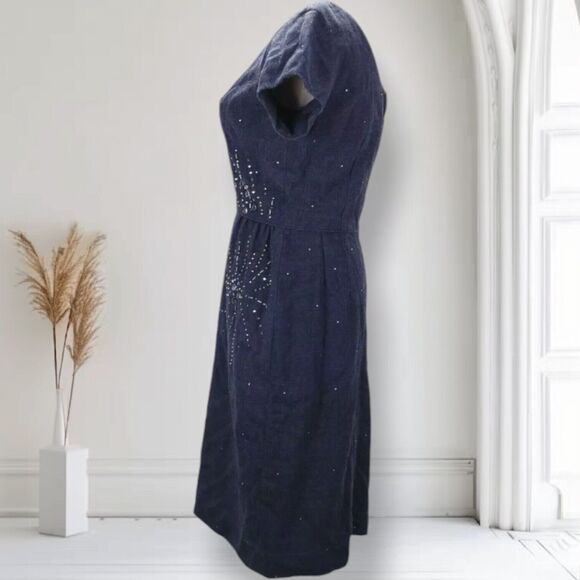 Vintage 50s 60s Beaded Fitted Cocktail Sheath Dress Size 6 Chambray Boat Neck - Picture 5 of 13